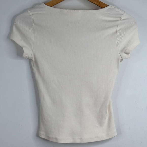 Anthropologie Maeve Square Neck Babydoll T Shirt S White Ribbed Stretch Y2K Boho - Picture 3 of 8